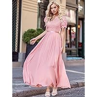 Dresses for Women - Puff Sleeve Maxi Chiffon Lace Prom Dress (Color : Pink, Size : X-Large)