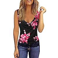 Tank Top Women Summer Sexy Tanks Pleated Vneck Sleeveless T Shirts with Lace Casual Floral Print Elegant Tee Blouse
