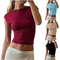 Women Sexy Backless Tee Shirts Short Sleeve Slim Fit Crewneck Summer Casual Y2K Crop Tops Backless Tight-Fitting Shirt