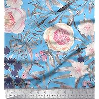 Soimoi Rayon Fabric Leaves & Denmark Rose Flower Print Sewing Fabric Yard 42 Inch Wide
