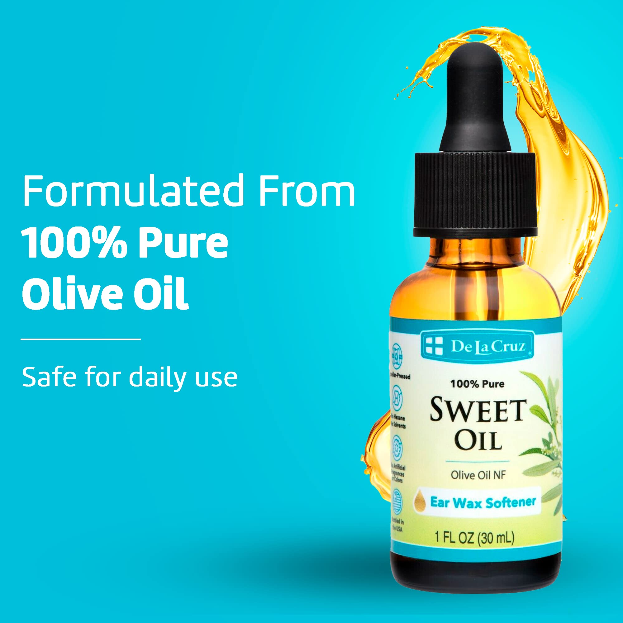 De La Cruz 100% Pure Sweet Oil for Ears - All Natural Ear Wax Softener with Dropper - 1 Fl OZ