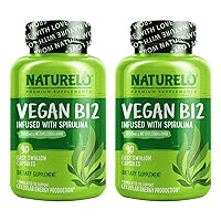 NATURELO Vegan B12 - Methyl B12 with Organic Spirulina - High Potency Vitamin B12 1000 mcg Methylcobalamin - Supports Healthy Mood, Energy, Heart & Eye Health - 180 Capsules