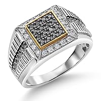 Gem Stone King Men's 925 Sterling Silver and 10K Yellow Gold Black Diamond and White Lab Grown Diamond Cuban Rolex Style Square Cut Band Ring (0.56 Cttw, Available in Size 7,8,9,10,11,12,13)
