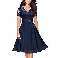 MISSMAY Women's Vintage V-Neck Floral Lace Contrast Chiffon Prom Party Dress