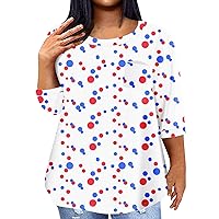 Womens 3/4 Sleeve Tops Crew Neck Summer Tshirt with Pockets Half Sleeve Tunic Blouses American Flag Star Outfits Clothe