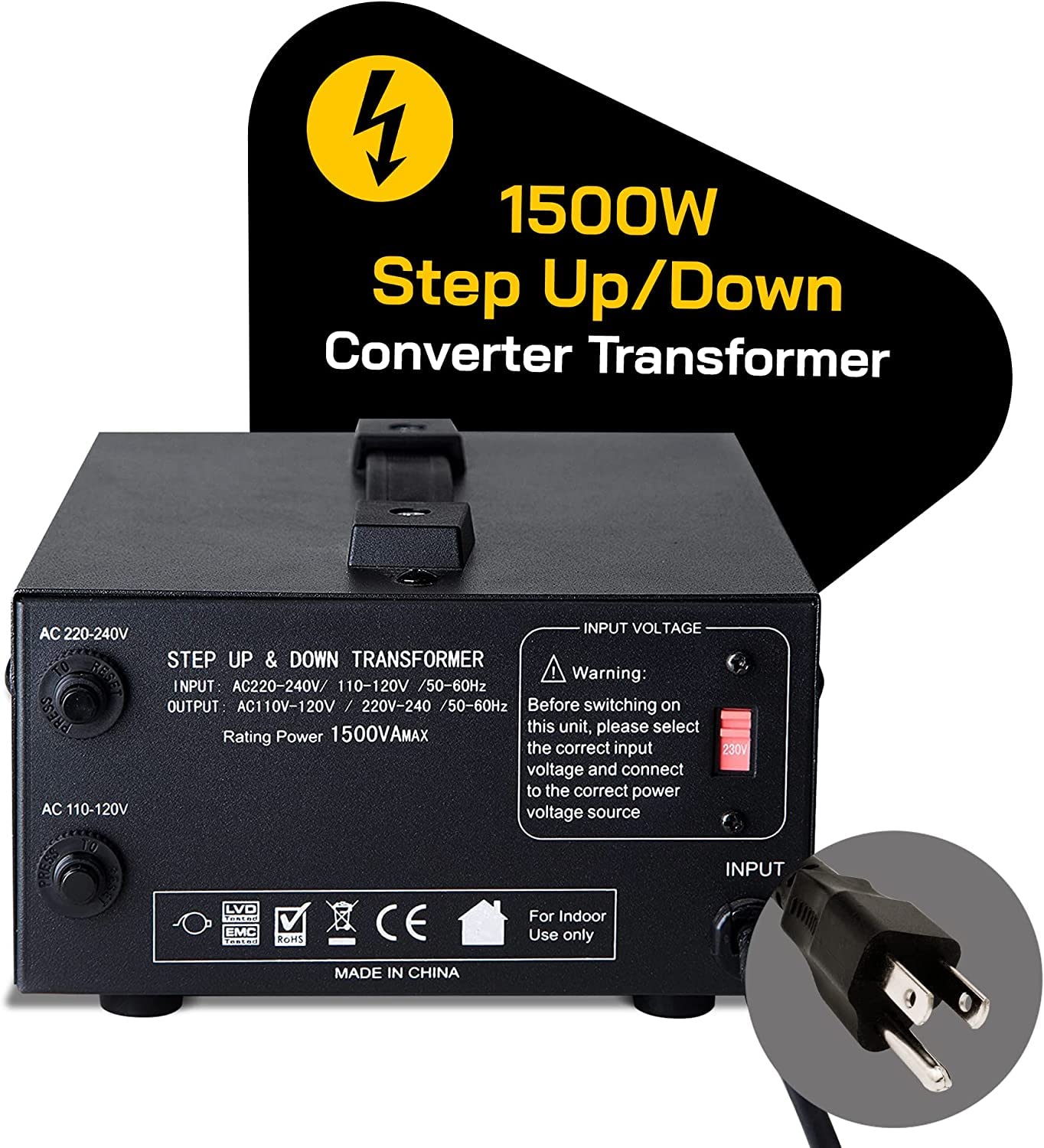 ELC T Series 1500 Watt Voltage Converter Transformer - Step Up/Down - 110v to 220v / 220v to 110v Power Converter - Circuit Breaker Protection, CE Certified [3-Years Warranty]