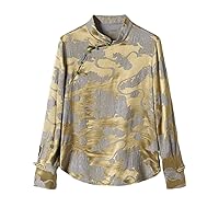 Women Blouse Silk Chinese Painting Pattern Pleated Mock Neck Long Sleeve Hand Button Retro Top 117