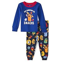 The Children's Place baby boys Snack Monster Long Sleeve Top and Pants Snug Fit 100% Cotton 2 Piece Pajama Set
