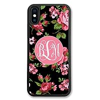 iPhone Xs Max, Phone Case Compatible with iPhone Xs Max [6.5 inch] Black Pink Roses Monogrammed Personalized IPXSM