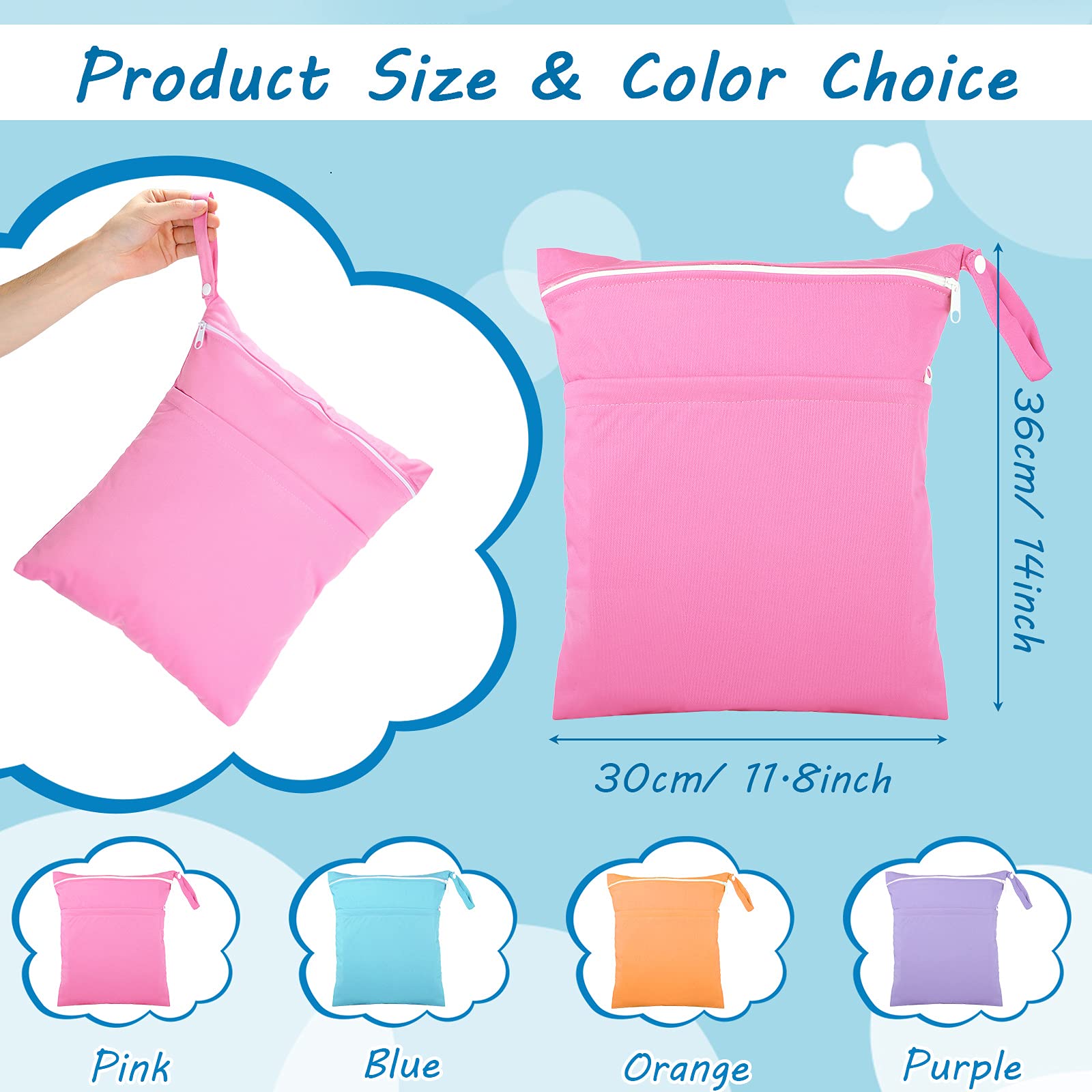 4 Pieces Wet Dry Bag for Baby Cloth Diapers Waterproof Wet Bag Washable Travel Bag Reusable Cloth Diaper Bag with 2 Pocket Toddler Swim Wet Bag for Travel Beach Pool (Blue, Purple, Pink, Orange)