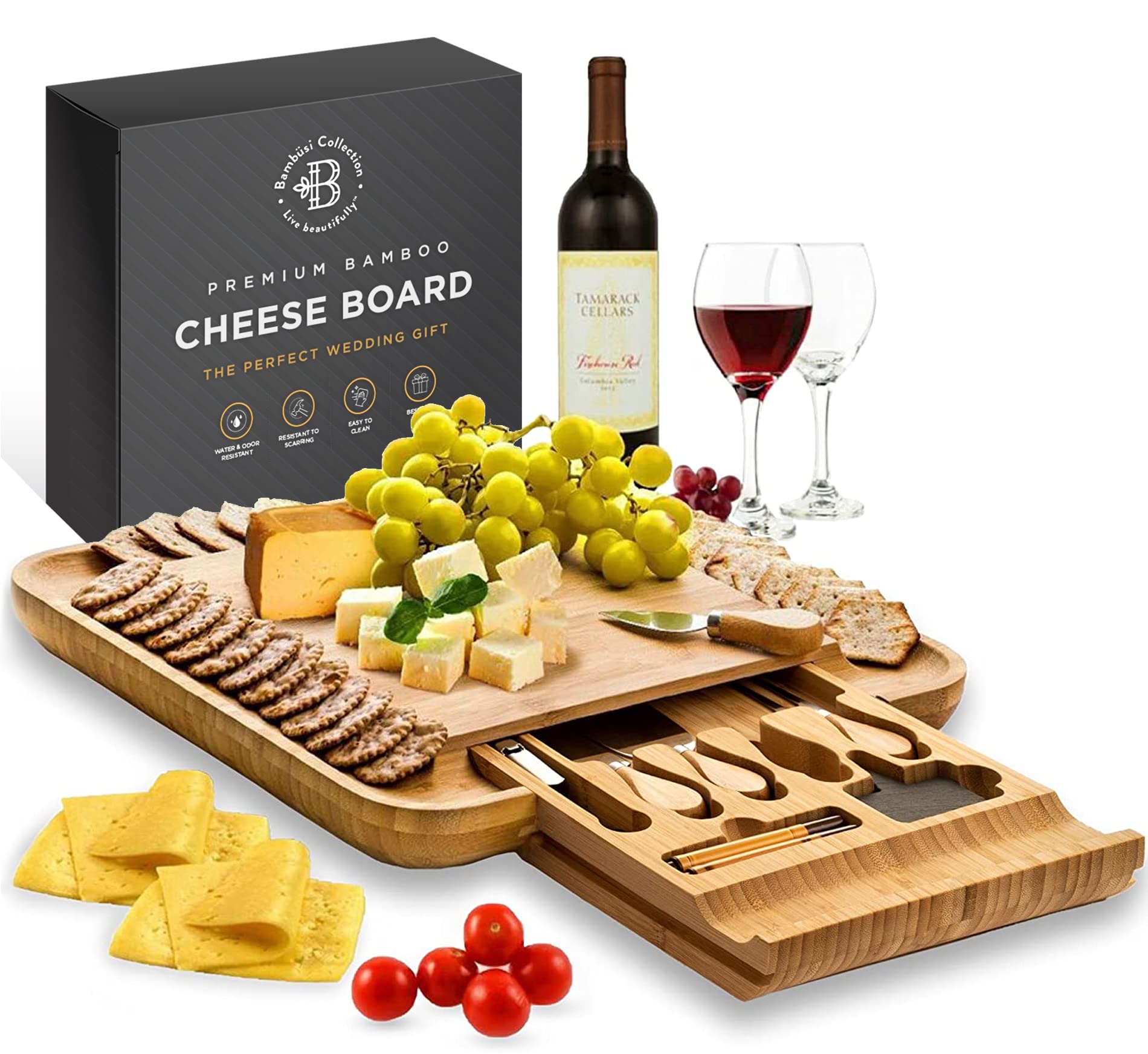 Bambüsi Charcuterie Boards Gift Set - Bamboo Cheese Board Set, Charcuterie Boards Accessories with Serving Knife - Unique Birthday Gifts for Women - Perfect Housewarming, Wedding Gifts for Couple