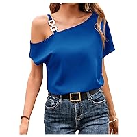 MakeMeChic Women's Casual One Shoulder Short Sleeve Summer Shirt Asymmetrical Neck Solid Blouse Tops