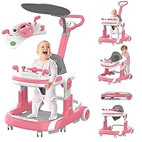 Baby Walker, 5 Modes Foldable Baby Walker with Wheels, Music, 4-Height Baby Toddler Walker with Push Handle, Activity Center, Food Tray, Sunshade, Baby Walkers for Babies 6-12 Months Boys Girls
