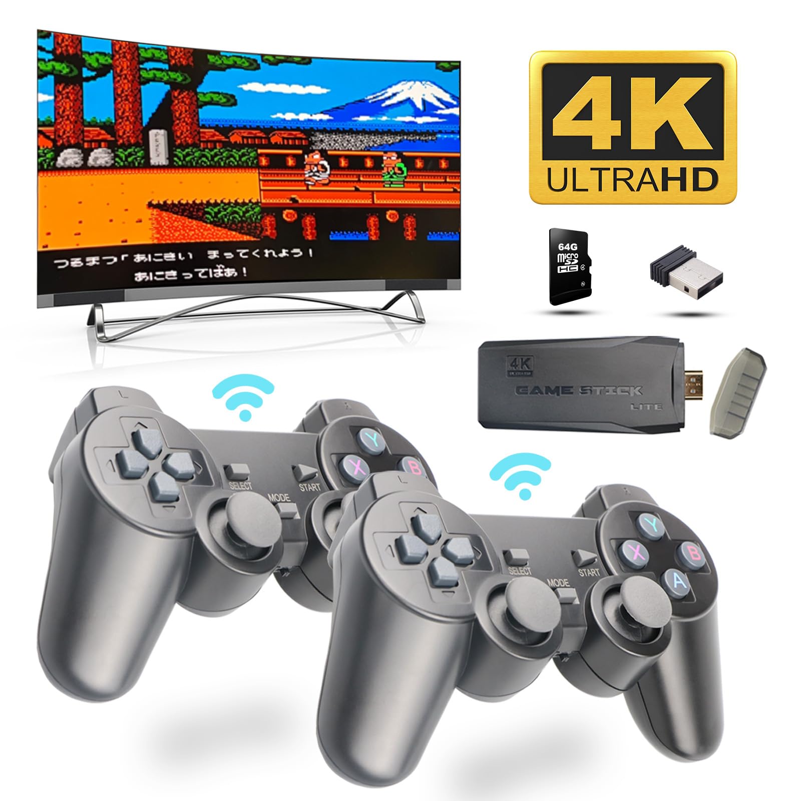 Heramie Wireless Retro Game Console, Plug and Play Video Games 4K HDMI Output for TV, Classic Game Stick, Built in 10000+ Games with 9 Emulators and 2 Wireless Controller 2.4G Gift for Kids & Adults