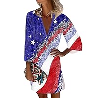Womens 4th of July American Flag Dresses Fashion Casual V Neck 3/4 Sleeve Button Sundress