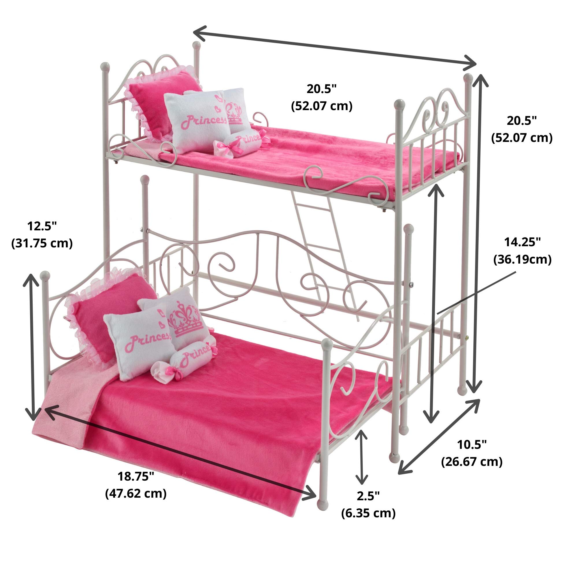 Badger Basket Toy Scrollwork Metal Doll Loft Bunk Bed with Daybed and Bedding for 18 inch Dolls - White/Pink