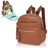 MOMINSIDE Small Diaper Bag Backpack, Mini Diaper Bag with 11 Pockets, Leather Travel Baby Bag for Baby Girls, 2 Insulated Pockets, Stroller Straps, Baby Registry (Brown)