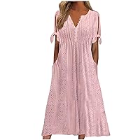 Dresses for Women Split Short Sleeve Maxi Dress Sleeveless Boho Beach Dress Spring Dress Eyelet Summer Dress with Pockets