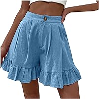 Women Ruffle Shorts Summer Wide Leg Short Pants Button Zip Casual Shorts Solid High Waist Bermuda Short with Pocket