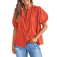 Women's Summer Blouses 2024 Fashion Button-Down Shirt Short Sleeve V Neck Cotton Formal Casual Top Shirt, S-2XL