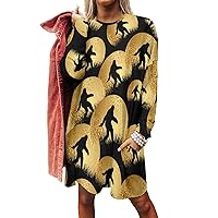 Bigfoot Sasquatch Golden Moon Women's Long Sleeve T-Shirt Dress Casual Tunic Tops Loose Fit Crewneck Sweatshirts with Pockets