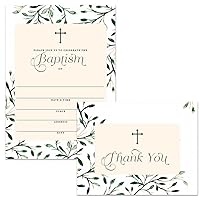 DB Party Studio Baptism Invitations ( 25 ) & Matching Thank You Cards ( 25 ) Set with Envelopes, Pretty Delicate Leaf Design 5 x 7