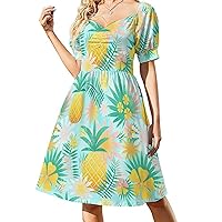 Woman Pineapple Tropical Fruit Sweetheart Neck Puff Sleeve Dress (Size 2XS to 6XL)