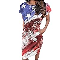 July 4th Women Belted Waist-Defined USA Flag Pencil Dress Short Sleeve Crewneck Summer Dressy Patriotic Sheath Dress