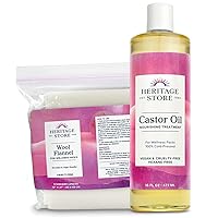 Heritage Store Castor Oil Pack Bundle, Soothing Heat Compress for Abdomen, Joints & Overall Health, 16oz Cold-Pressed, Vegan Castor Oil & Reusable 12 x 27 in. Wool Flannel Cloth, Always Cruelty Free