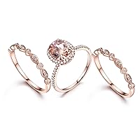 Morganite Wedding Ring Set 6x8mm Oval Pink Stone Art Deco Milgrain Diamond Wedding Band 14K Rose Gold
