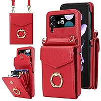 Multi -Layer Card Holder Leather Phone Case for Samsung Galaxy Z Flip 3 / Z Flip 4 5G, Long Lanyard and Wallet Back Cover Metal Buckle and Ring Shell(Red,Z Flip 3)