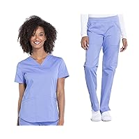 Cherokee Nurse Gifts Women Scrub Set Modern Fit 3 Pocket V-Neck Top WW665 with 6 Pocket Mid Rise Straight Leg Pants WW170