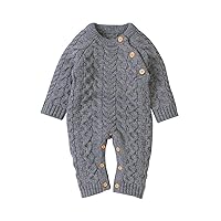 Newborn Baby Boy Girl Sweater Knitted Romper Long Sleeve Button Jumpsuit Bodysuit Clothes-Gray 18-24 Months