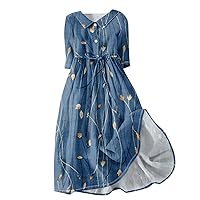 Long Sleeve Dress for Women 2024 3/4 Sleeve Maxi Casual Flowy Floral Printed Lapel Collar Button Straps Sundress