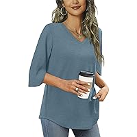 Womens Summer Tops V Neck 3/4 Sleeve Shirts Loose Fit Tunic Top for Leggings