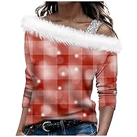 Women's Christmas Tops Autumn and Winter Long Sleeved Single Shoulder Strap Print Pullover Top Blouses, S-3XL