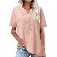 Summer Floral Embroidered T-Shirts Women Cotton Linen V Neck Short Sleeve Tunic Tops Boho Casual Loose Fit Blouses