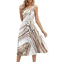 Dresses for Women 2024 Trendy Summer Beach Cotton Sleeveless Tank Dress Wrap Knot Dressy Casual Sundress with Pocket Today(1-Khaki,XX-Large)