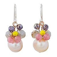 NOVICA Handmade .925 Sterling Silver Cultured Freshwater Pearl Dangle Earrings Pink with Butterfly Motif Quartz Multicolor White Thailand Animal Themed Birthstone [1.3 in L x 0.5 in W] 'Butterfly