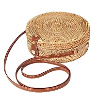 Rattan Crossbody Bag for Women Circle Rattan Bag Round Woven Shoulder Bag with Leather Strap and Buckle Fashionable Summer Beach Bag