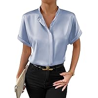 Verdusa Women's Roll Up Short Sleeve Button Down Satin Shirt Blouse Top