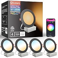 Black Smart Recessed Lighting 6 Inch Color Changing LED Recessed Lights with J-Box 13W 1000lm Dimmable Canless Wafer Downlight, Work with Alexa/Google Assistant, ETL Listed (6 Inch, 4 Pack)