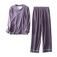 Women Soft Warm Pajamas Set with Pockets 2Piece Built in Bra Crewneck Long Sleeve Tops & Pants Loose Loungewear Sets