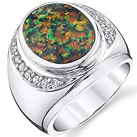 PEORA Men's Created Black Fire Opal Godfather Signet Ring 925 Sterling Silver, Large 15x12mm Oval Shape, Sizes 8 to 13