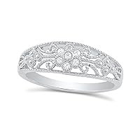 Sterling Silver Cz Thin Filigree Victorian Flower Ring 2mm - (Size 4-11)