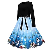 Christmas Dresses for Women Long Sleeve Snowman Snowflake Print A-line Holiday Party Vintage Dress