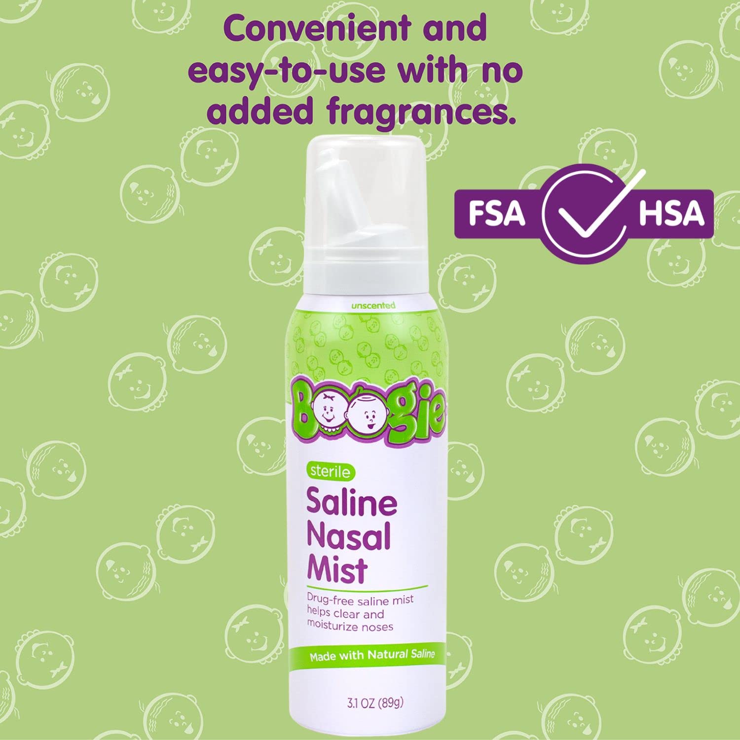 Boogie Baby Saline Nasal Spray Mist, Allergy Relief, Nasal Decongestant, FSA/HSA Eligible, Made with Saline, Unscented, 3.1 Ounce