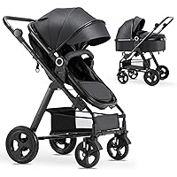 Blahoo Baby Stroller for Newborn, 2 in1 High Landscape Stroller, Foldable Aluminum Alloy Pushchair with Adjustable Backrest.Adjustable Awning, Variable Seat and Recliner(Black Frame)