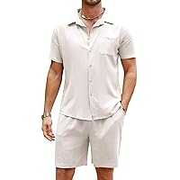 Flygo Men Cotton Linen Sets Outfits 2 Piece Summer Short Sleeve Shirt and Shorts Set Beach Wear Vacation Outfit