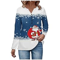 Womens Christmas Shirts Oversized Long Sleeve Tees Henley Neck Graphic Tops Fall Button Sweatshirt Daily Outfit
